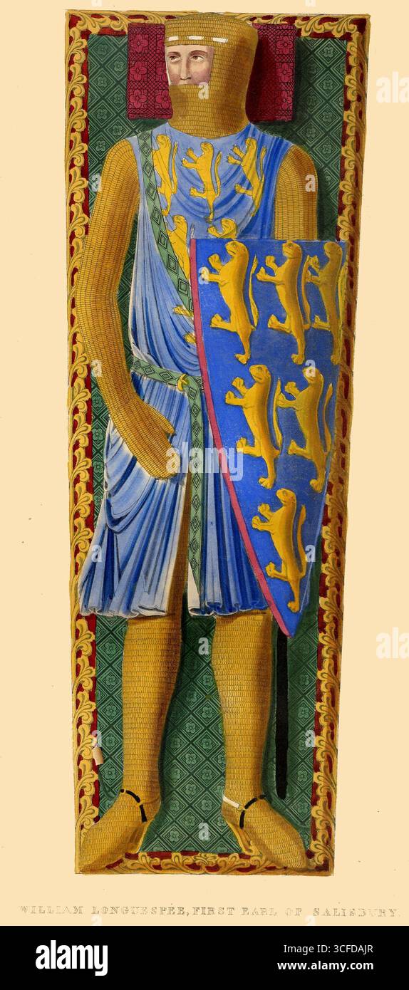 William Longuespee, primo conte di Salisbury - molto di interesse romantico è legato al nome di Longuespee. Il primo del nome, che è rappresentato in questa targa, era il figlio di re Enrico II e della sua celebre amante, Fair Rosamond. Anche sua moglie Ela era un'eroina di romanticismo. Fu l'unica erede della potente famiglia dei D'Evereux, conti di Salisbury; e si dice che, essendo stata nascosta in Normandia, fu scoperta da un valoroso cavaliere inglese di nome Talbot, che trovò accesso a lei sotto le sembianze di una menestrella, e riuscendo a portarla via la presentò a re Ric Foto Stock