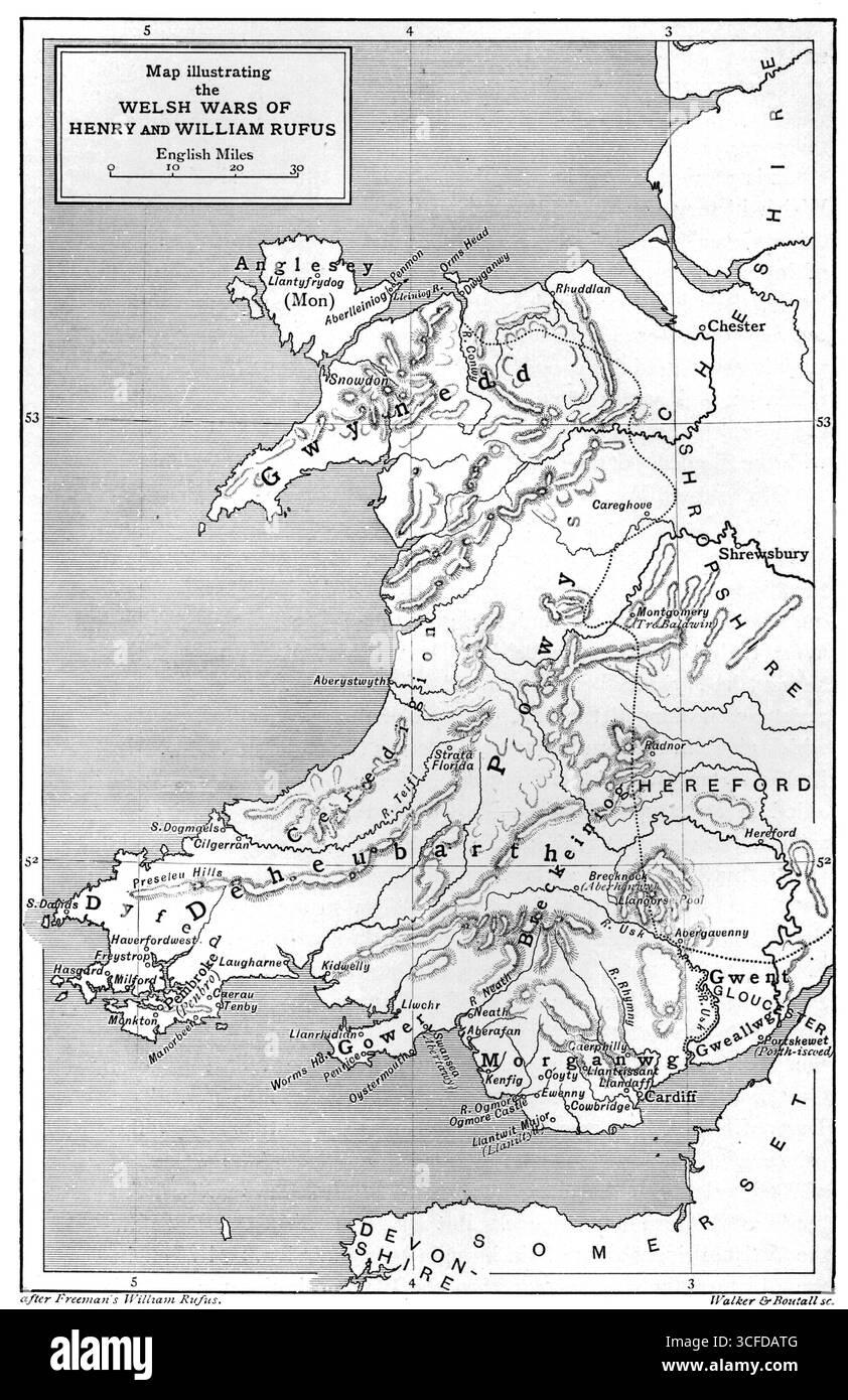 mappa che illustra le guerre gallesi di Enrico i e William Rufus XIII secolo Foto Stock