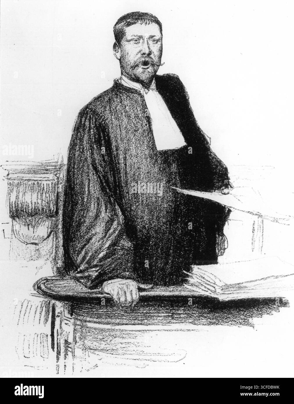 Il processo Dreyfus - Alfred Dreyfus (9 ottobre 1859 - 12 luglio 1935) - lo schizzo mostra M Labori il Consigliere di Emile Zola il 7 febbraio 1898 - Zola fu una figura importante nella liberalizzazione politica della Francia e nell'esonerazione del falsamente accusato e condannato ufficiale dell'esercito Alfred Dreyfus Foto Stock