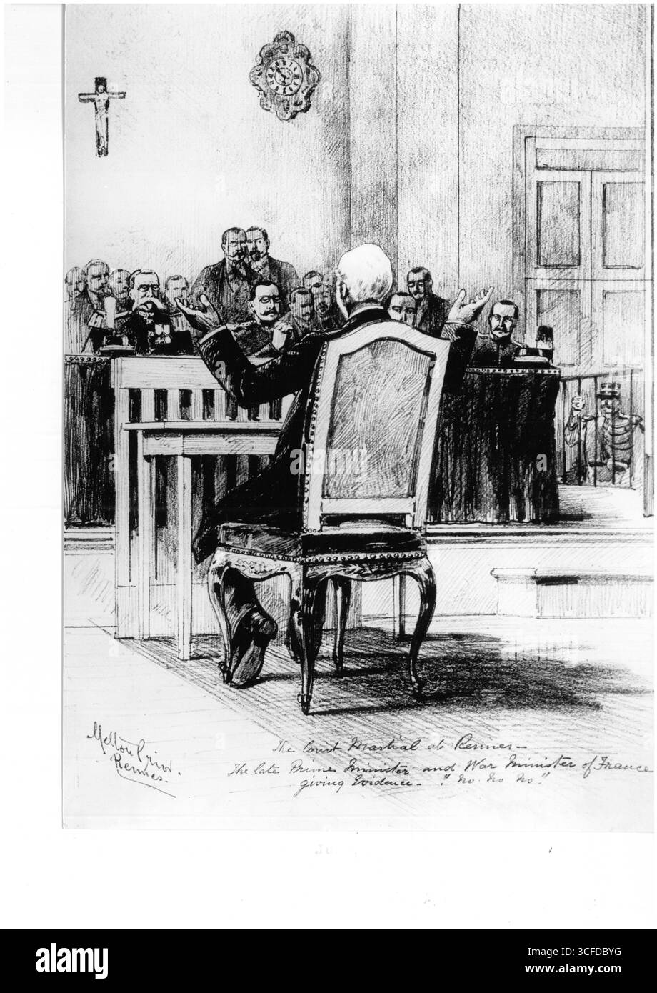 Il processo Dreyfus - la corte marziale di Rennes - primo ministro e ministro della guerra francese che ha dato prova del "No no, no". - 9 settembre 1899 Foto Stock
