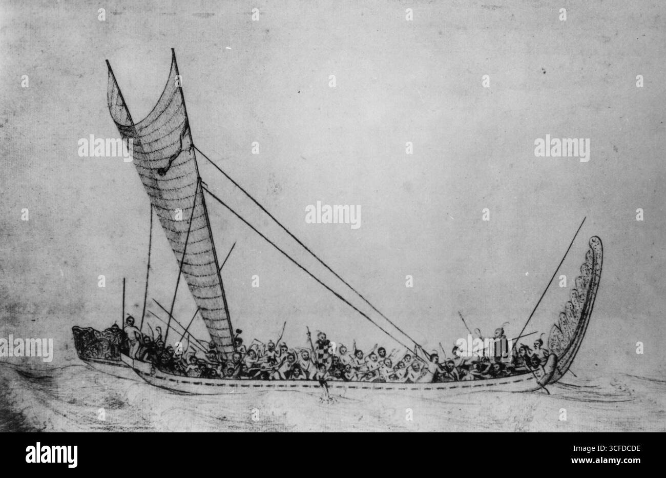 Capitano James Cook : 1728 - 1779 , esploratore inglese , navigatore e cartografo . Una matita tratta da una collezione del suo primo viaggio , impressione di Maoris in una canoa da guerra che sfida quelli a bordo della Endeavour 1768-1771 Foto Stock