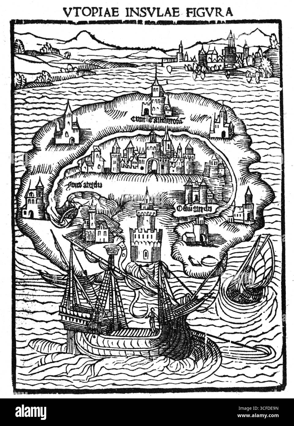 Un'illustrazione su legno tratta dalla prima edizione del libro di Sir Thomas More, Utopia, 1516 Foto Stock