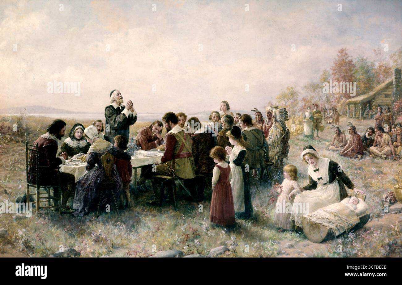 Padri Pellegrini - il primo Ringraziamento a Plymouth di Jennie A. Brownscombe (1850-1936)©TopFoto Foto Stock