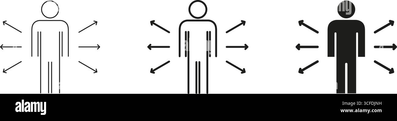 Persona con frecce rivolte verso l'esterno. Spazio personale, influenza e comunicazione Concept contorno e silhouette Symbol. Interazione umana Illustrazione Vettoriale
