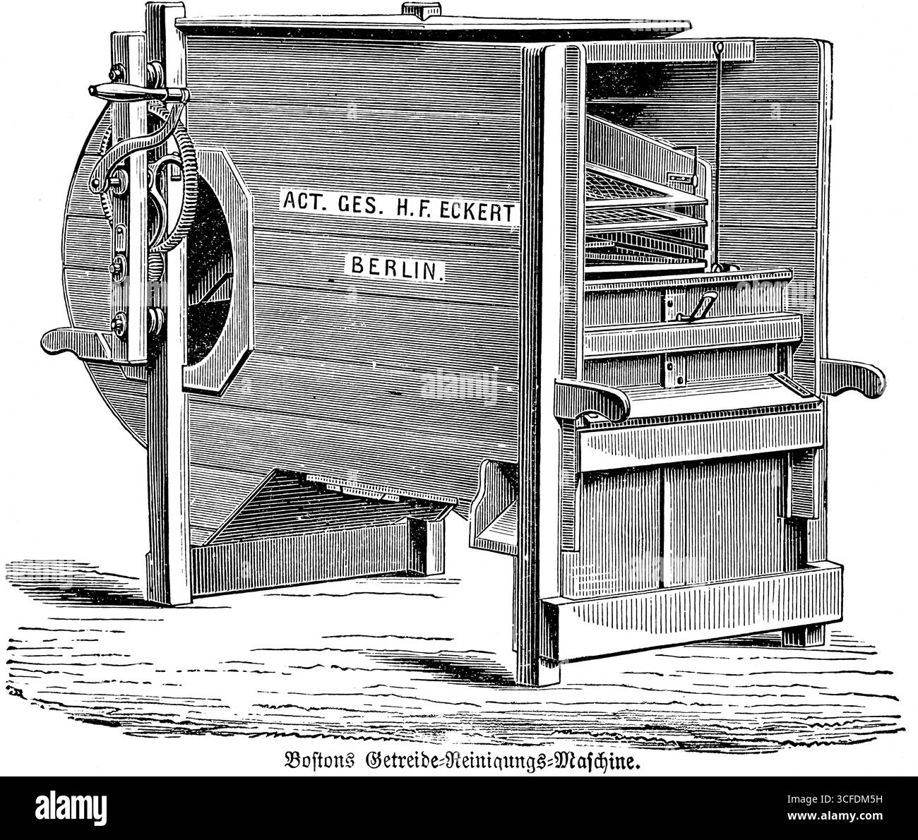 La macchina per la pulizia del grano di Boston, lavorazione del legno, rilavorazione, iscrizione, legge. Ges. H.F. Eckert Berlin, società per azioni, agricoltura nel XIX secolo, ag Foto Stock