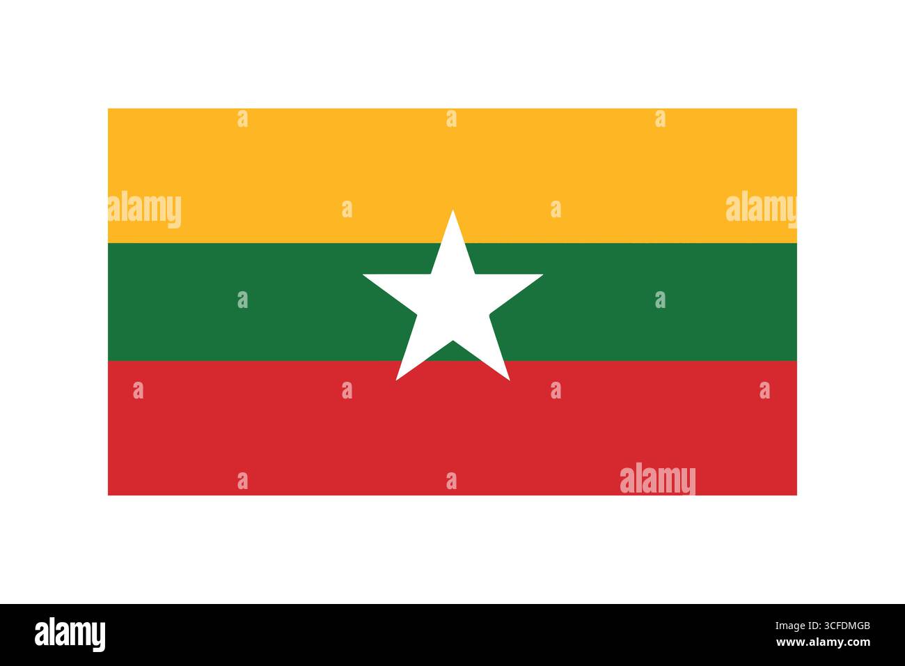 Bandiera nazionale del Myanmar con strisce gialle, verdi e rosse e stella Illustrazione Vettoriale