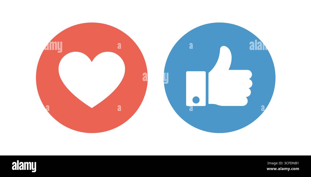 Icone di "mi piace" e "ama" sui social media con "cuore" e "pollice" Illustrazione Vettoriale