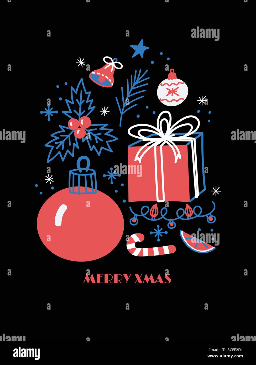 Illustrazione natalizia minimalista in una tavolozza di colori rosso e blu navy. Illustrazione Vettoriale