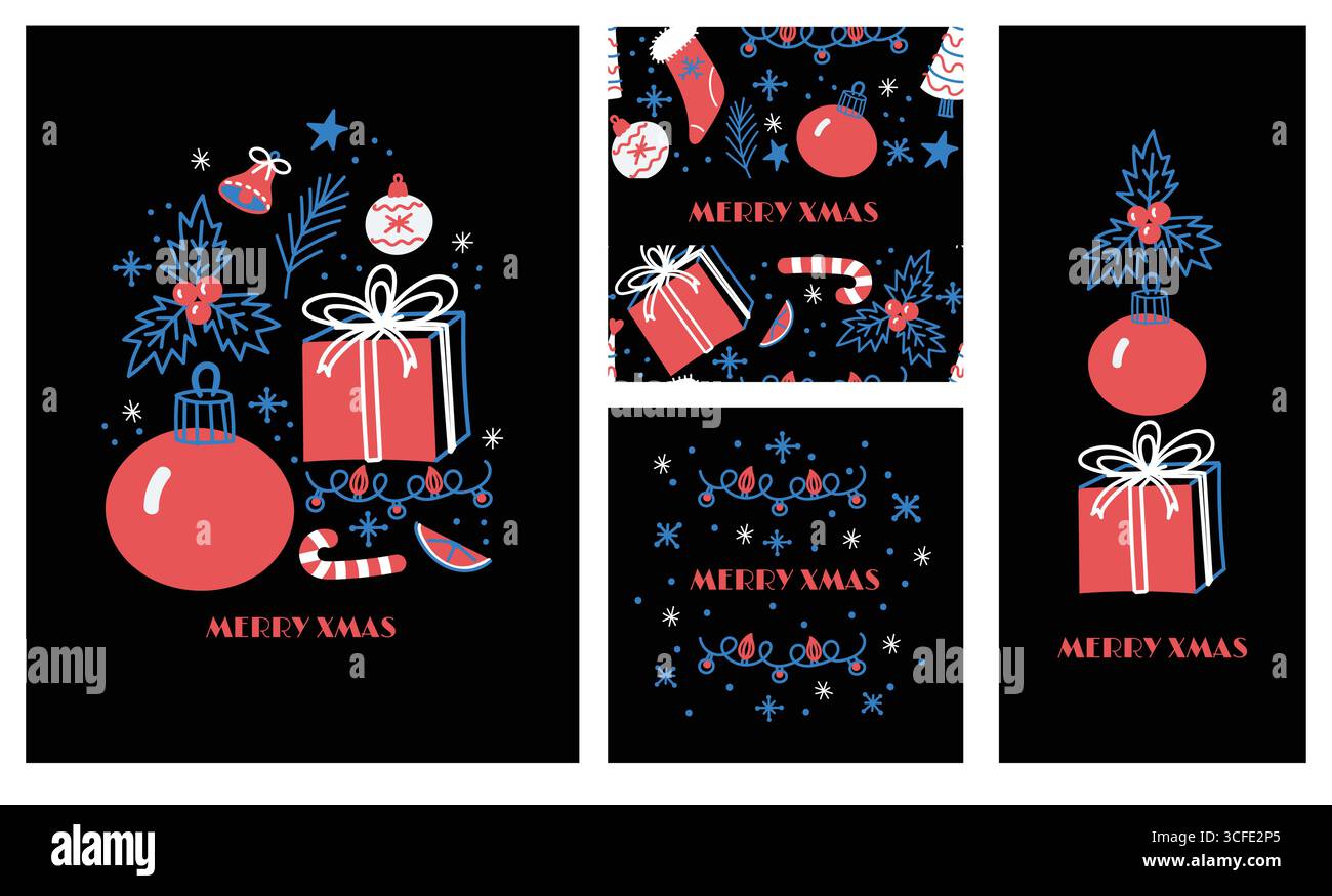 Illustrazione natalizia minimalista in una tavolozza di colori rosso e blu navy. Illustrazione Vettoriale