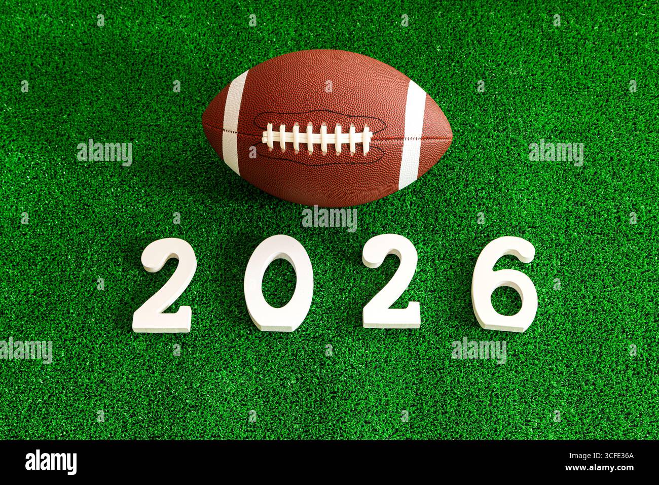Il calcio è collocato su un campo verde con i numeri 2016 scritti sotto di esso. Il calcio è posizionato al centro del campo Foto Stock