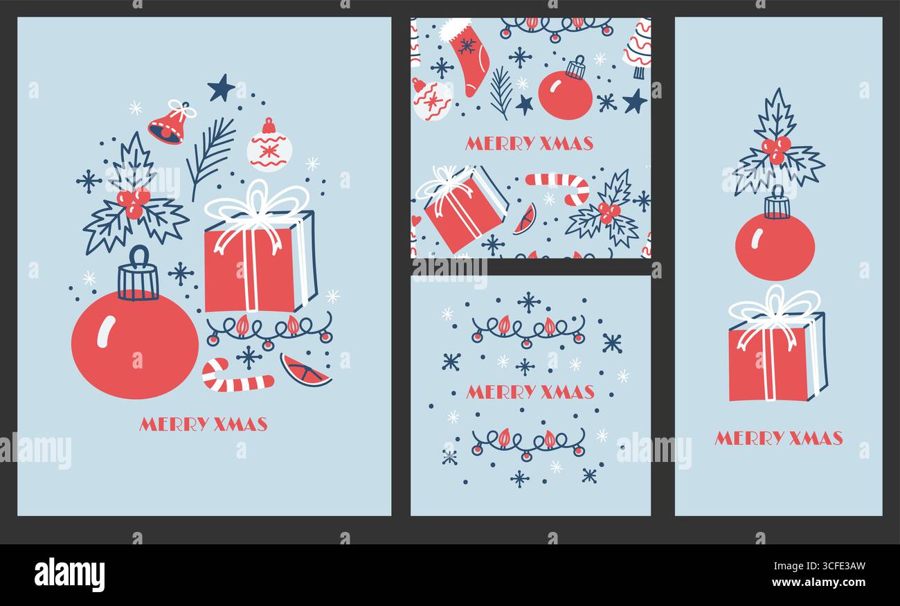 Illustrazione natalizia minimalista in una tavolozza di colori rosso e blu navy. Illustrazione Vettoriale