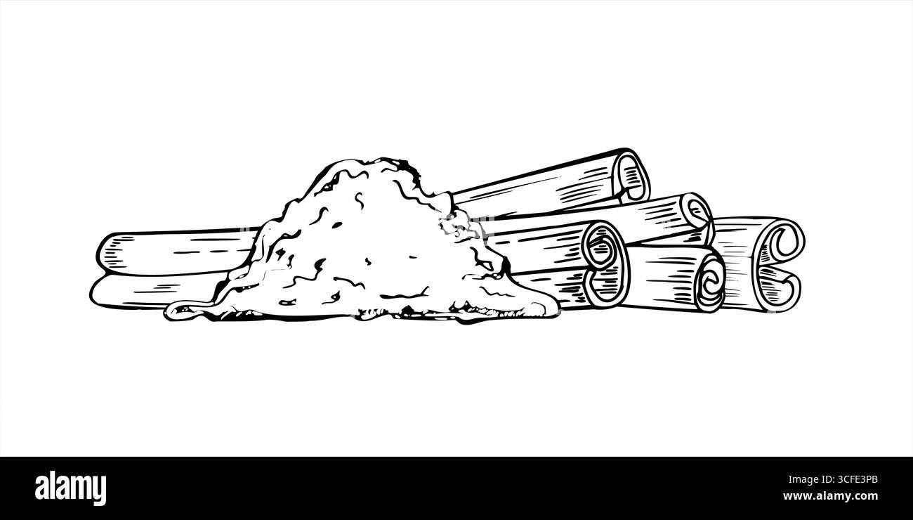 Illustrazione monocromatica isolata vettoriale con una pila di cannella in polvere e bastoncini di cannella intere. Condimento profumato per tè masala, cibo, bevande natalizie. Illustrazione Vettoriale