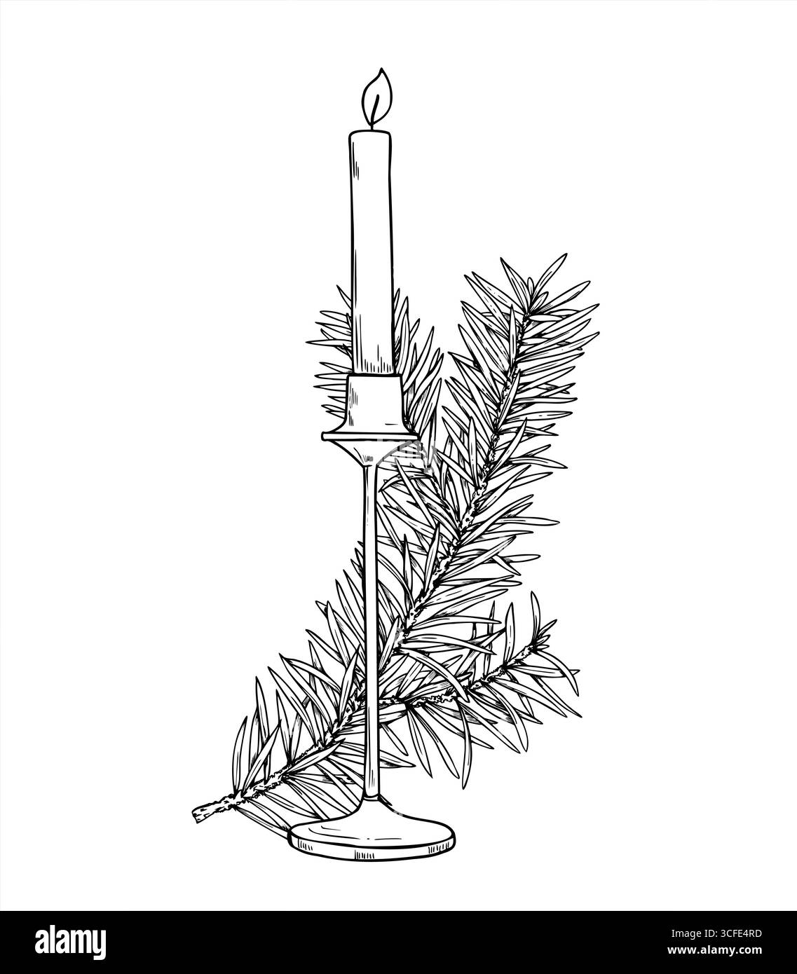 Candela stretta accesa in alto portacandele e composizione vettoriale di ramo di abete dipinto con inchiostri neri. Composizione monocromatica aromatica del rametto di pino natalizio Illustrazione Vettoriale