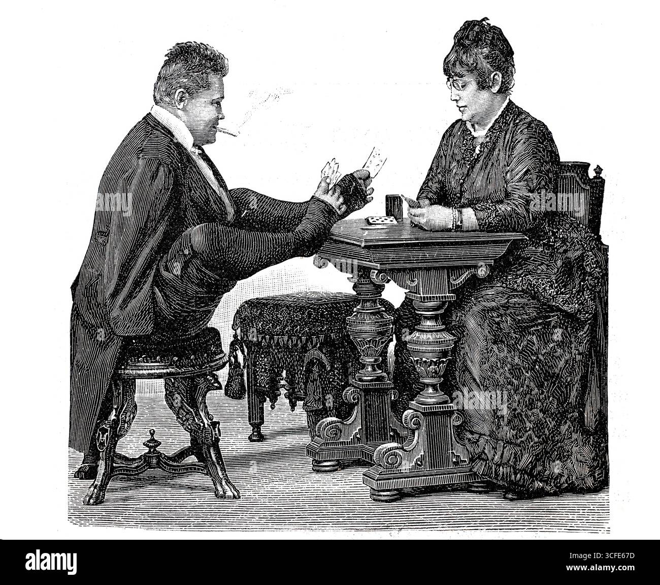 Carl Herrmann Unthan (nato il 5 aprile 1848, morto il 19 novembre 1929 a Berlino) è un violinista e artista tedesco, tiratore e nuotatore nato senza armi, visto qui giocare a carte. Riproduzione storica, autentica, restaurata digitalmente da un originale del XIX secolo. Data di registrazione non indicata. Foto Stock