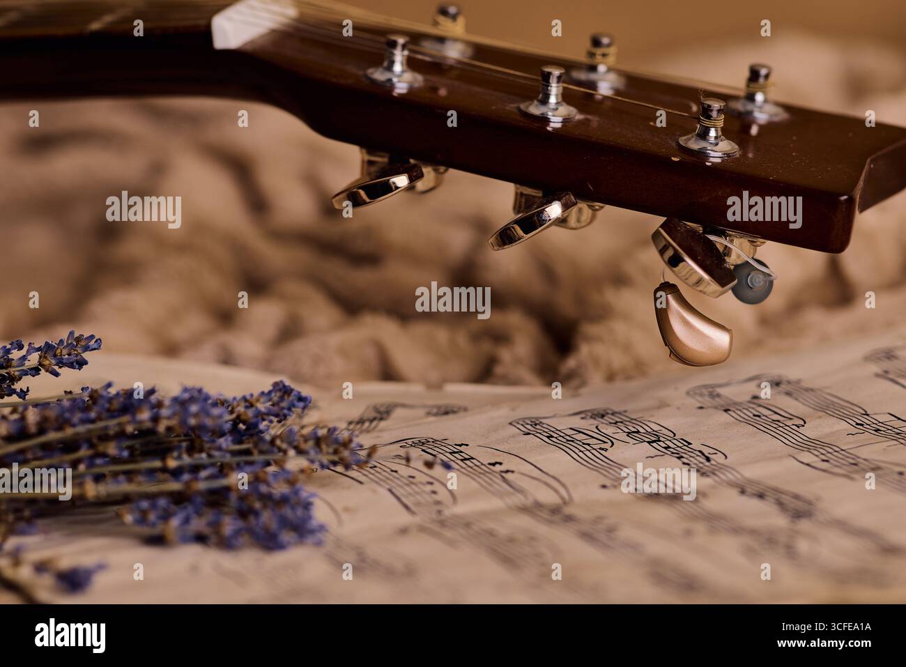Concetto di salute dell'udito. L'apparecchio acustico e la chitarra riposano insieme, simboleggiando il suono e la creatività in un ambiente tranquillo e musicale Foto Stock