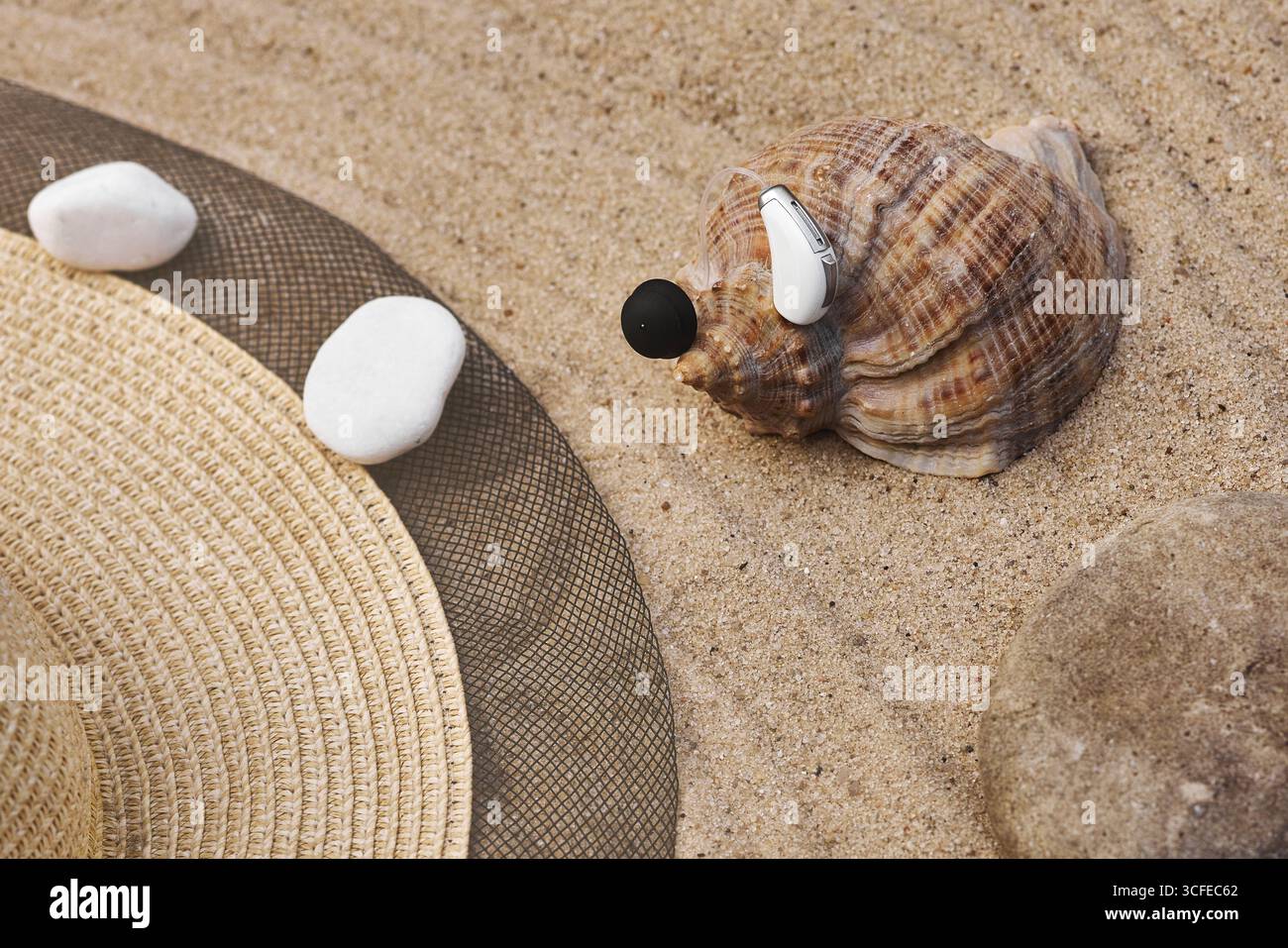 Le persone per non udenti utilizzano gli apparecchi acustici mentre si rilassano sulla spiaggia. Stile di vita delle persone con problemi di udito Foto Stock