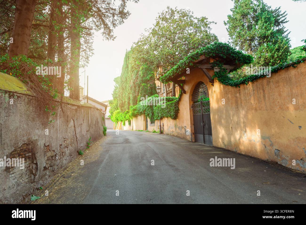 Strada stretta e tranquilla di Roma circondata da alte mura, verde e porte coperte di edera Foto Stock
