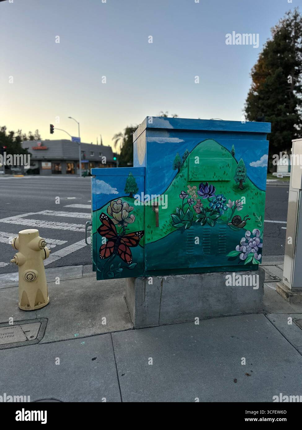 Una cassetta di servizio dipinta con colori vivaci che presenta una farfalla monarchica, fiori, colline verdi e cieli blu, catturati in un angolo di strada. - Immagine stock catturata con smartphone