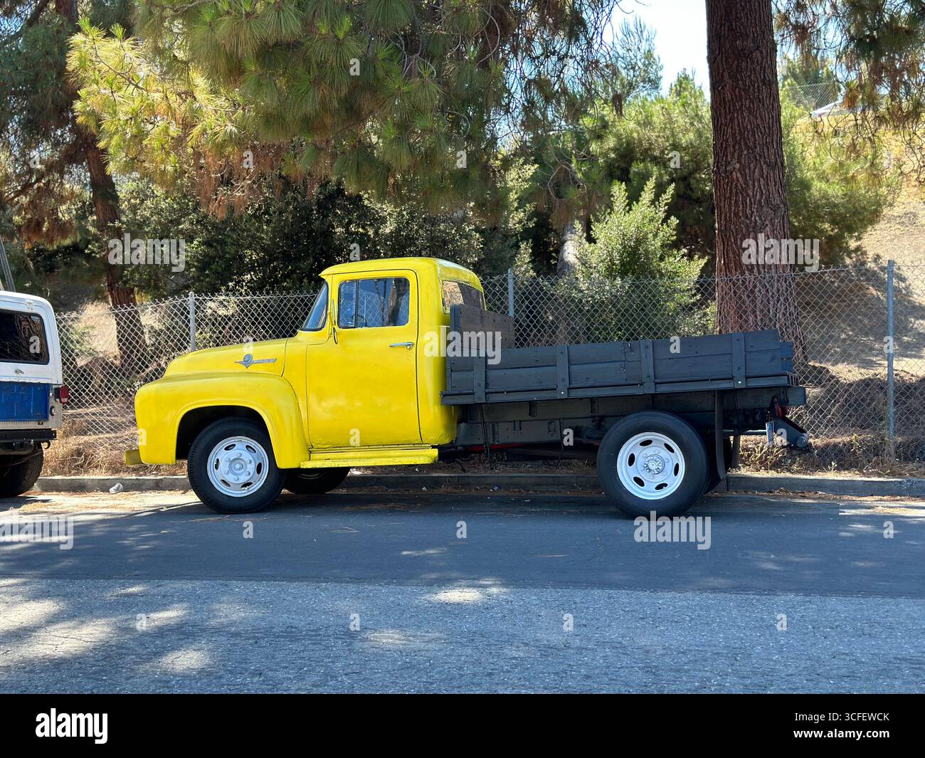 Camion a pianale giallo d'epoca parcheggiato sotto gli alberi di pino in una strada soleggiata in California - Immagine stock catturata con smartphone