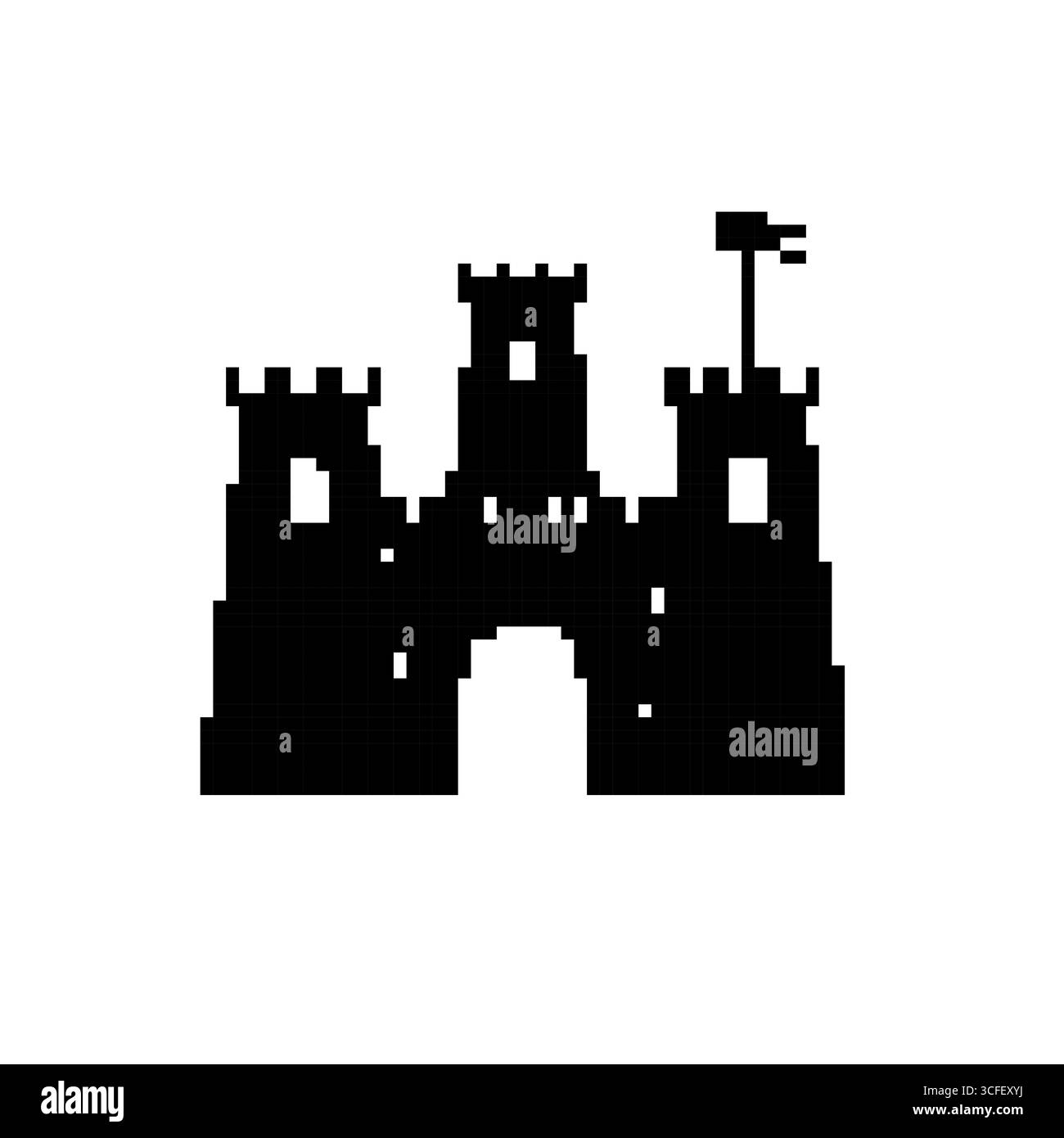 Icona a mosaico del castello dei pixel in stile di gioco rétro con design pixelato in bianco e nero Illustrazione Vettoriale