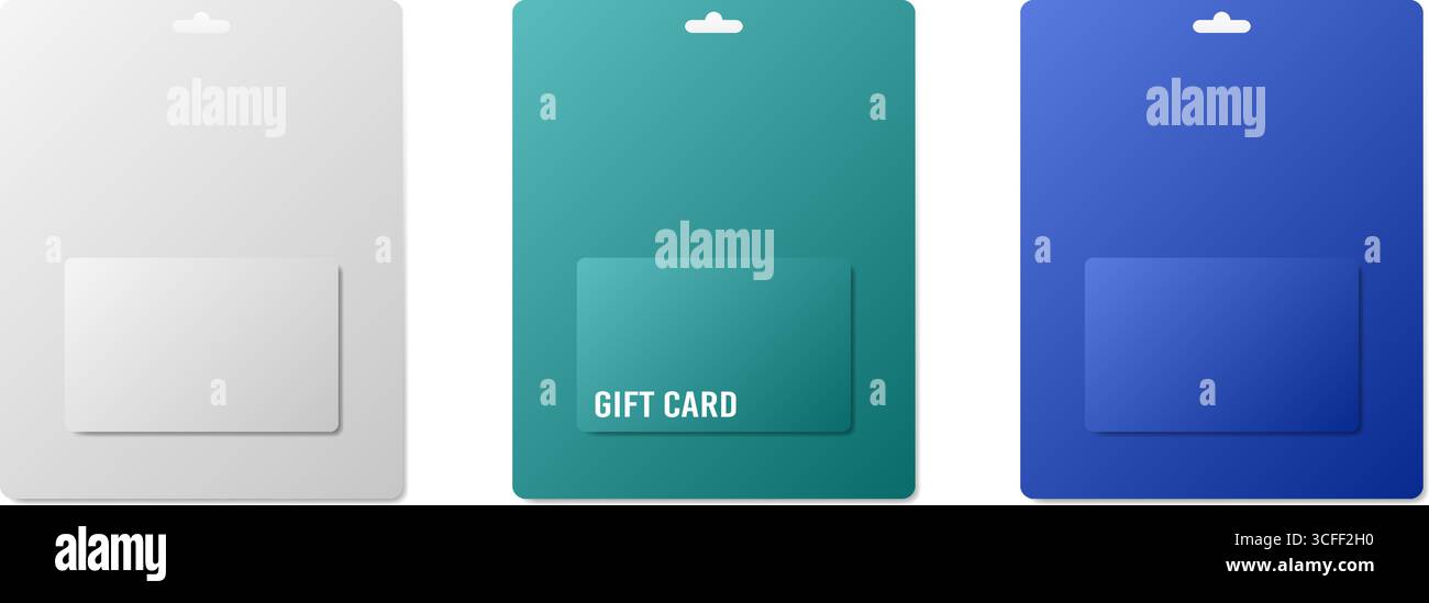 Mockup di confezioni di carte regalo con foro per appendere. Confezioni di cartone bianco, verde acqua e blu. Voucher o coupon Illustrazione Vettoriale