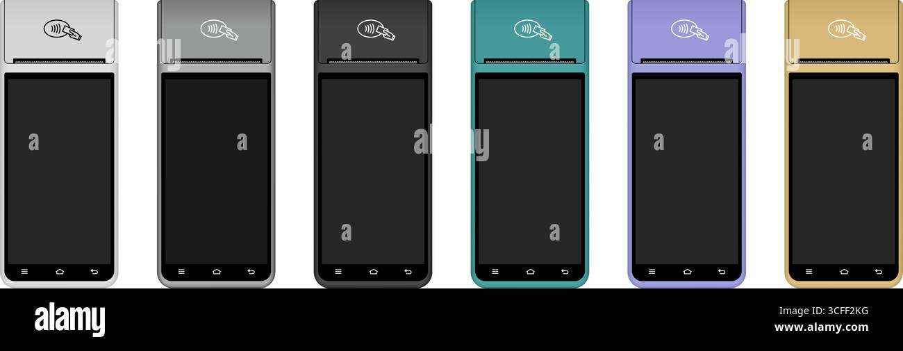 Terminale POS con schermo nero. Mockup di terminali wireless bianchi, argento, neri, turbolenti e dorati. Dispositivo di pagamento NFC. Illustrazione Vettoriale