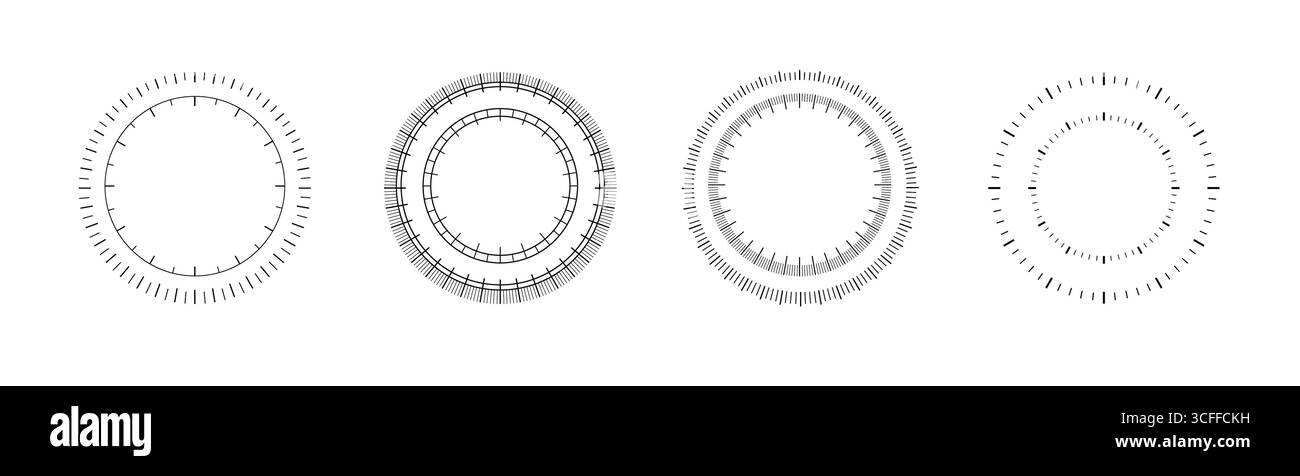 Scale di misurazione circolari con segni radiali per uso tecnico e scientifico in vari layout Illustrazione Vettoriale