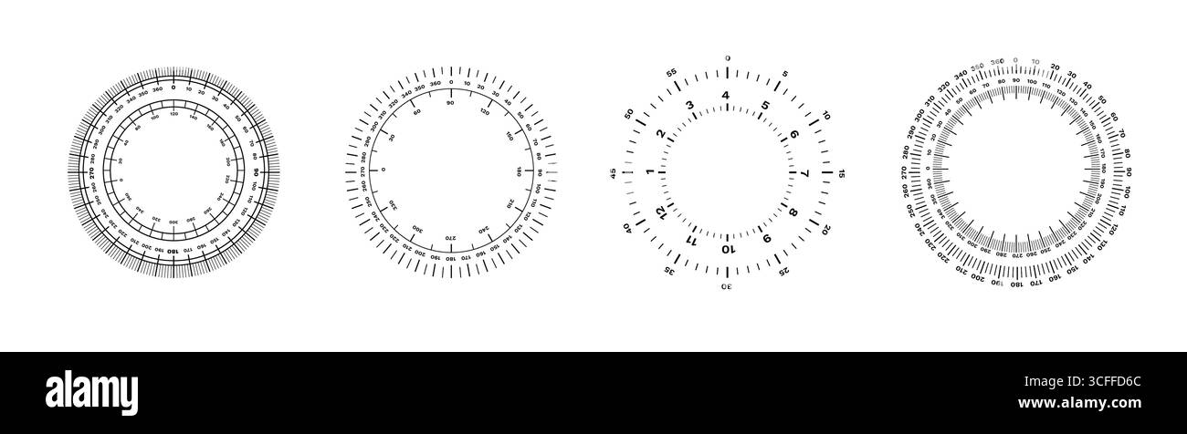Scale di misurazione circolari con segni di graduazione radiali dettagliati e indicatori numerici Illustrazione Vettoriale
