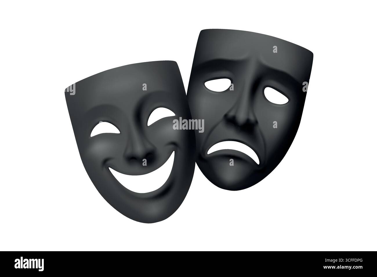 Vector 3d Black Theater Maschere per Commedia e tragedia in stile classico greco e romano. Maschere teatrali per spettacoli teatrali e teatrali. Simbolo delle maschere del teatro Illustrazione Vettoriale