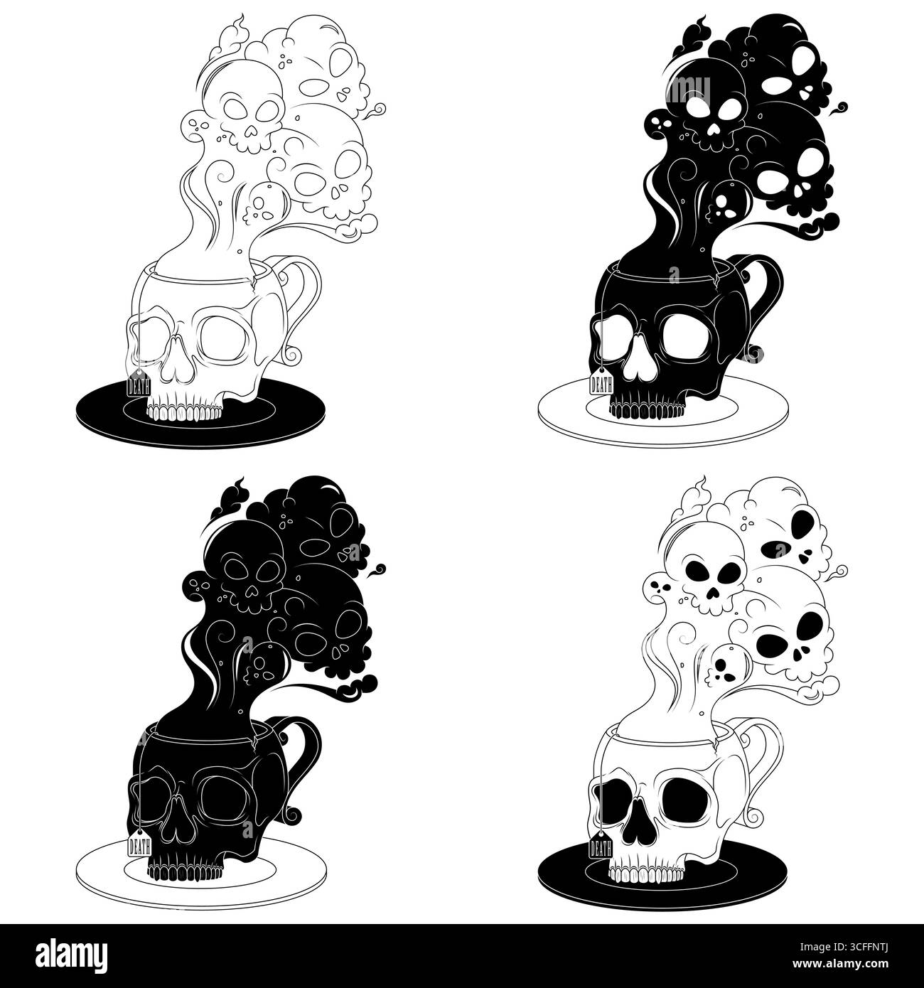 Tazza da tè in porcellana a forma di teschio umano, tazza da caffè a forma di teschio e il suo piattino, tazza demoniaca con fumo tossico della morte Illustrazione Vettoriale