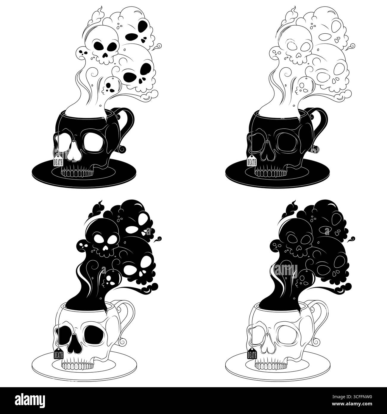 Tazza da tè in porcellana a forma di teschio umano, tazza da caffè a forma di teschio e il suo piattino, tazza demoniaca con fumo tossico della morte Illustrazione Vettoriale
