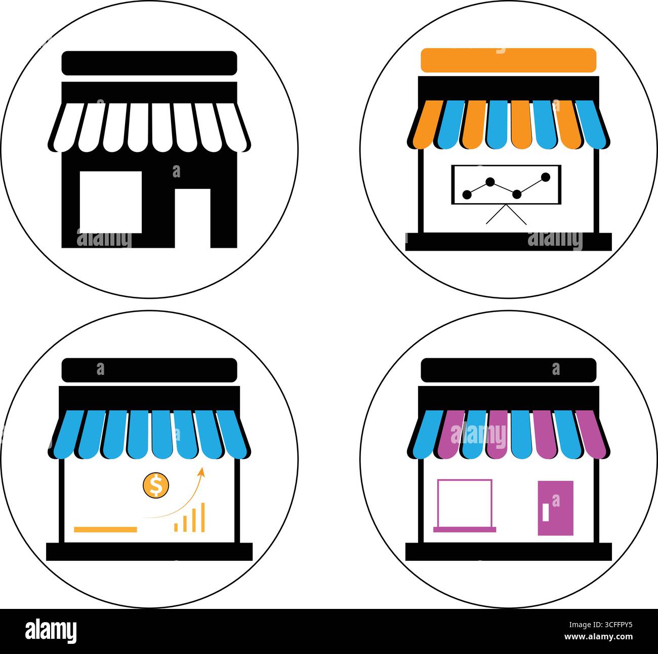 Quattro icone circolari del punto vendita con tende colorate e simboli commerciali illustrazioni vettoriali Illustrazione Vettoriale
