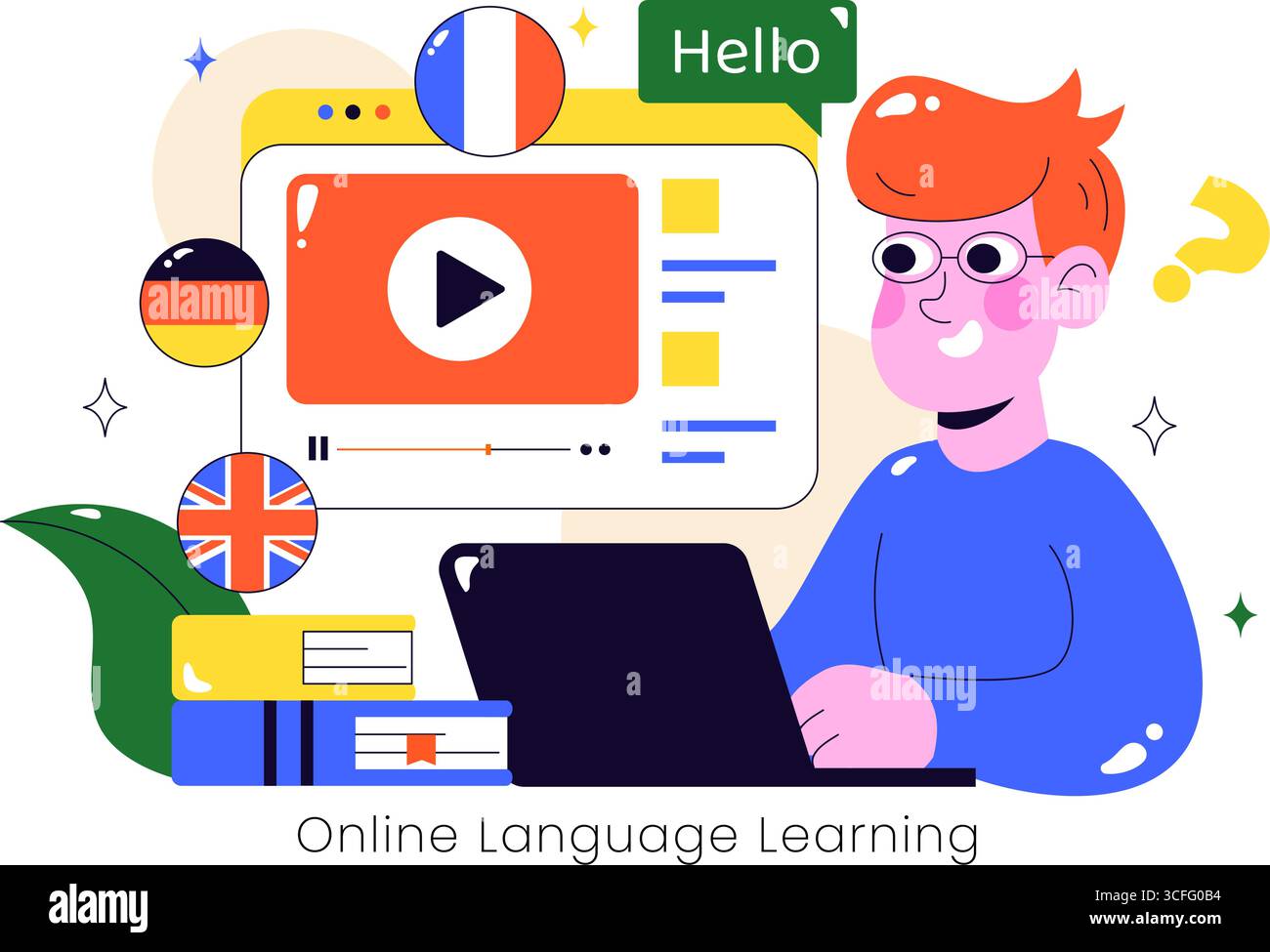 Illustrazione vettoriale per l'apprendimento delle lingue online con corsi, programmi di formazione e studio delle lingue straniere all'estero tramite Website Education Illustrazione Vettoriale