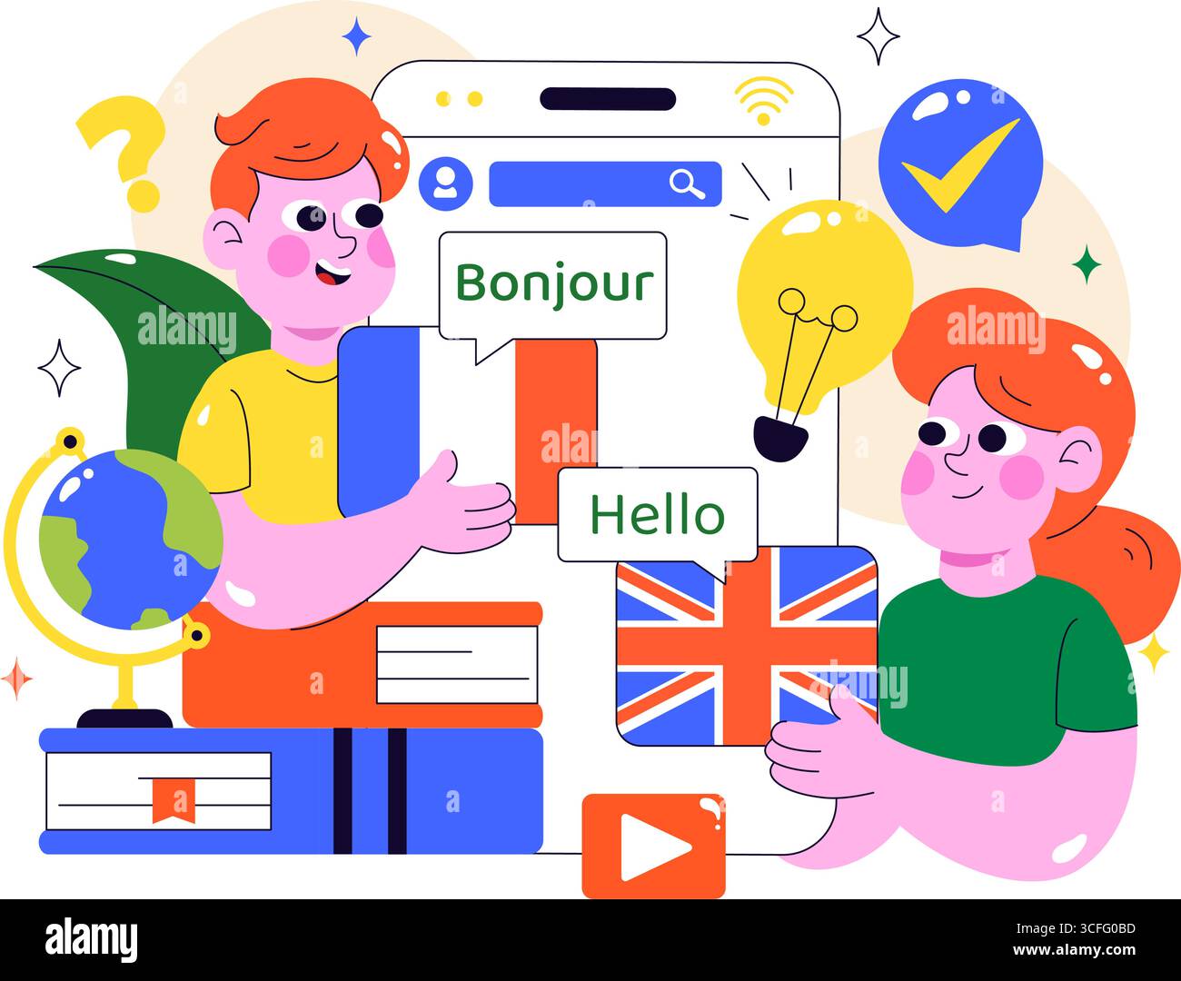 Illustrazione vettoriale per l'apprendimento delle lingue online con corsi, programmi di formazione e studio delle lingue straniere all'estero tramite Website Education Illustrazione Vettoriale