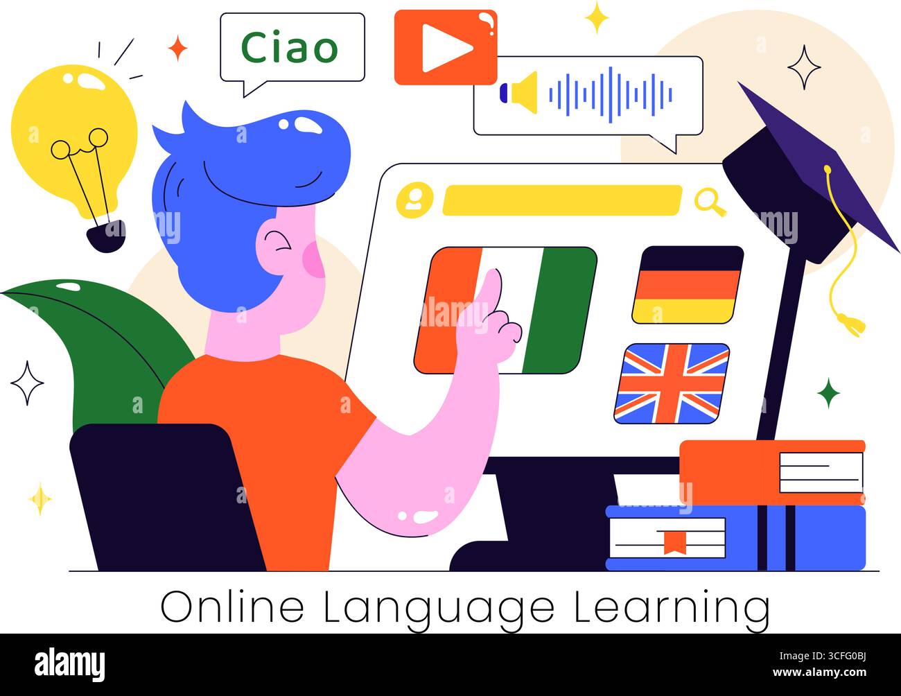 Illustrazione vettoriale per l'apprendimento delle lingue online con corsi, programmi di formazione e studio delle lingue straniere all'estero tramite Website Education Illustrazione Vettoriale