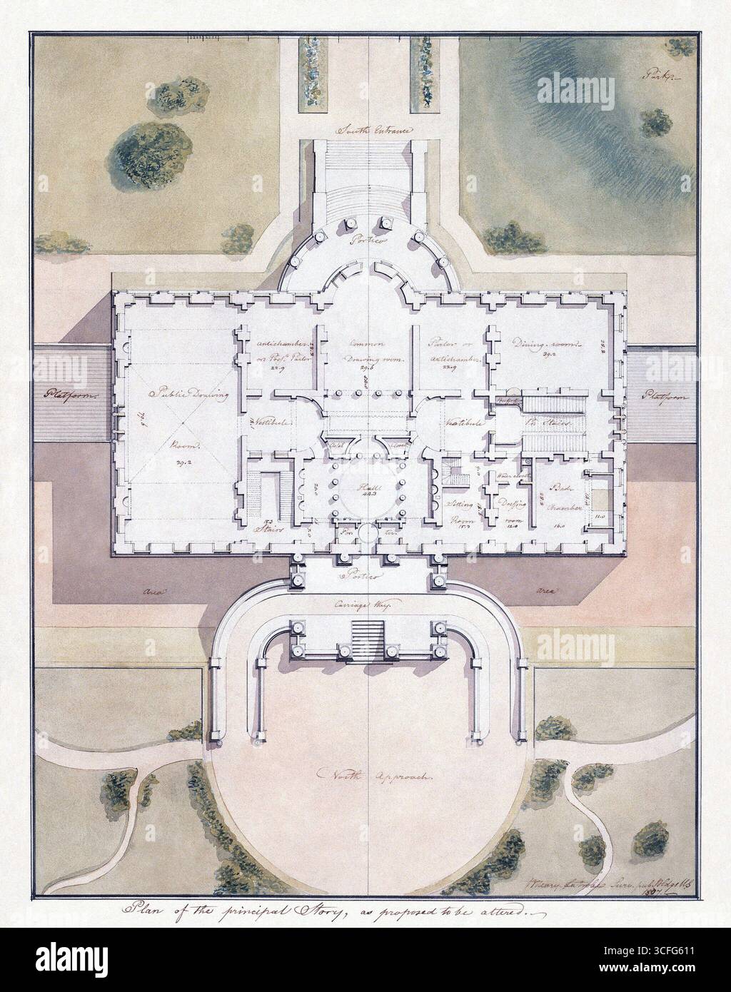 Piano architettonico della Casa Bianca a Washington, D.C., progettato da Benjamin Henry Latrobe nel 1807. Il disegno mostra la planimetria del sito e il layout del piano principale, illustrando i dettagli strutturali proposti, gli ingressi e la disposizione delle camere per la residenza esecutiva. Foto Stock