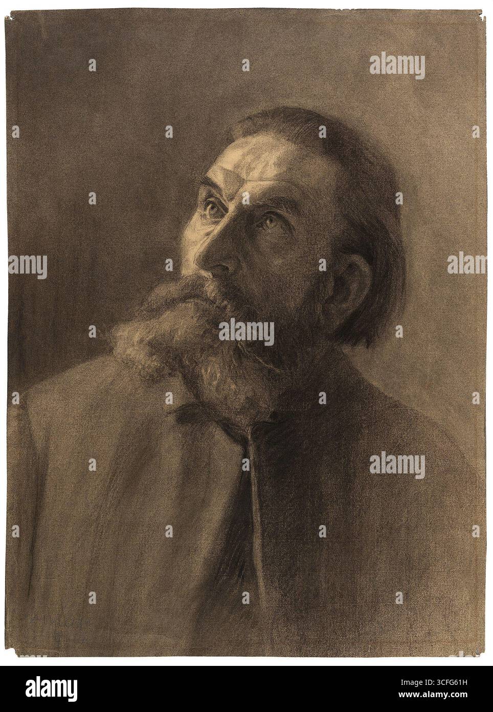 "Ritratto di un uomo" (Mehe portree), 1909. Disegno dell'artista Lilly Walther. Il ritratto a carboncino presenta un uomo barbuto che guarda verso l'alto, reso con chiaroscuro espressivo che mette in risalto sia la solennità che l'introspezione del soggetto. Foto Stock
