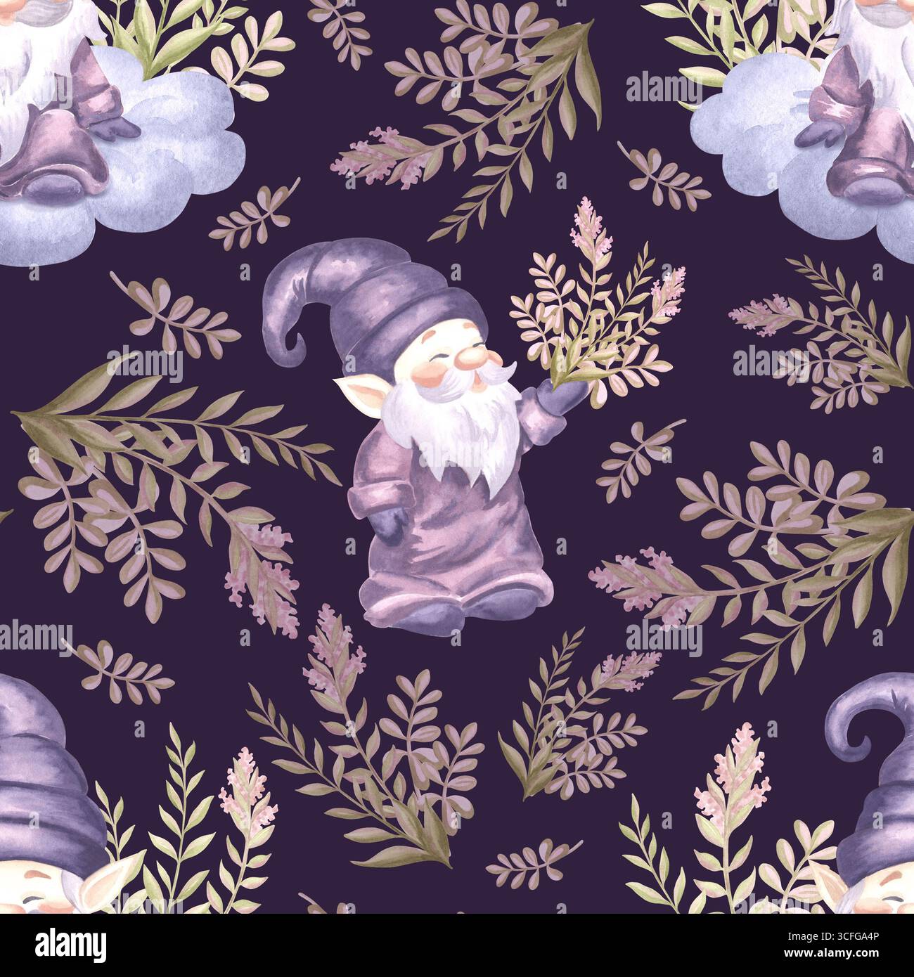 Simpatici gnomi seduti su nuvola con morbidi ramoscelli di fiori, motivo acquerello senza cuciture per il design dei bambini. Elfo illustrato disegnato a mano da sogni fatati. Foto Stock
