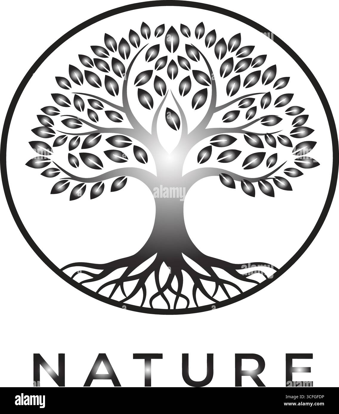 Un'audace illustrazione in bianco e nero con un albero stilizzato racchiuso all'interno di un bordo circolare. L'albero ha un tronco spesso, rami distanziati uniformemente, A. Illustrazione Vettoriale