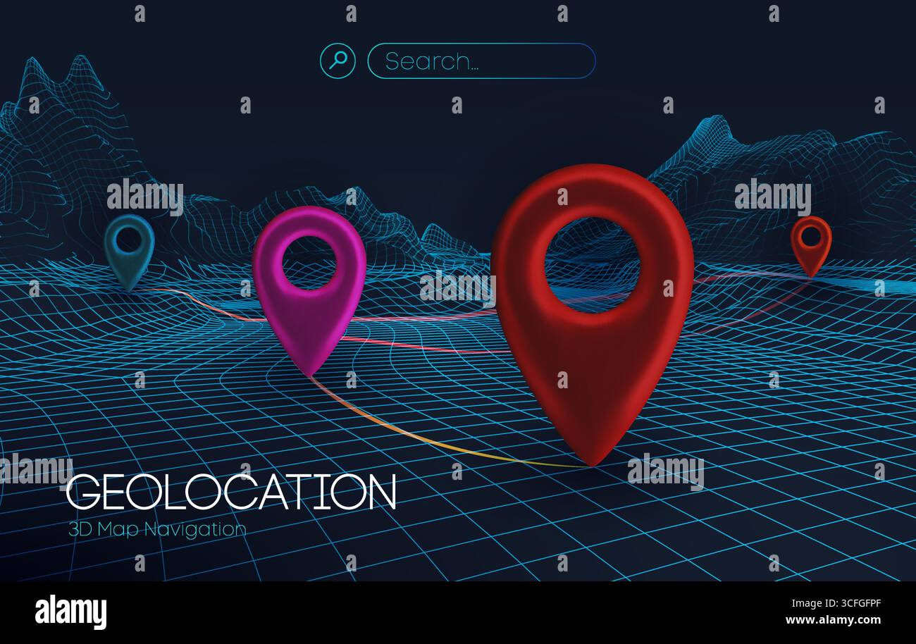 Futuristico concetto di geolocalizzazione 3D con griglia luminosa della mappa, grandi indicatori di posizione colorati e una barra di ricerca su uno sfondo scuro. Navigazione digitale Illustrazione Vettoriale