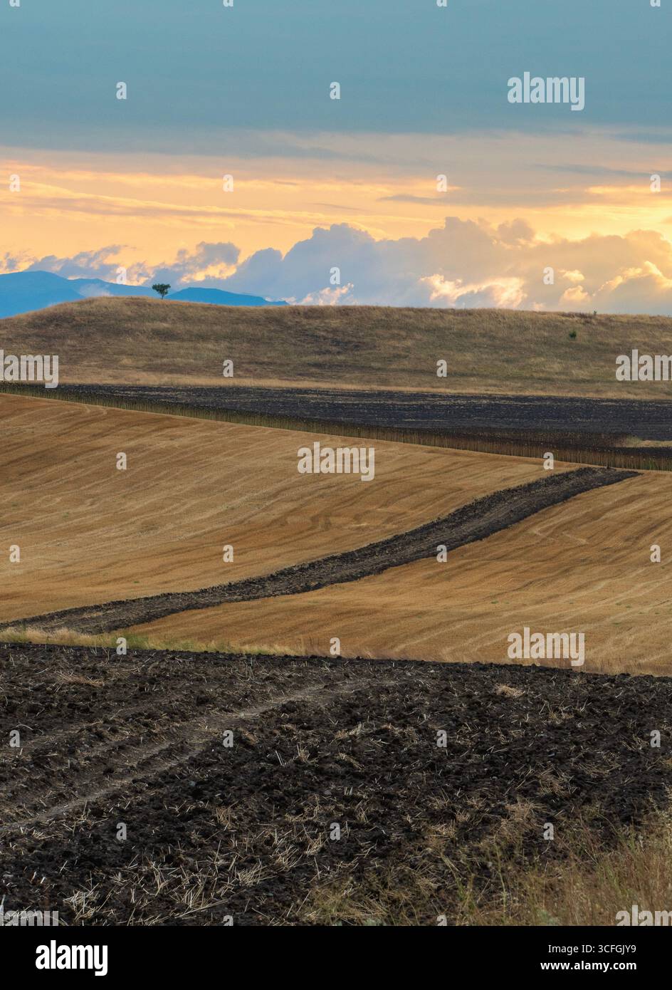 La strada per il tramonto. Ora d'oro. La magia nel cielo. Foto Stock