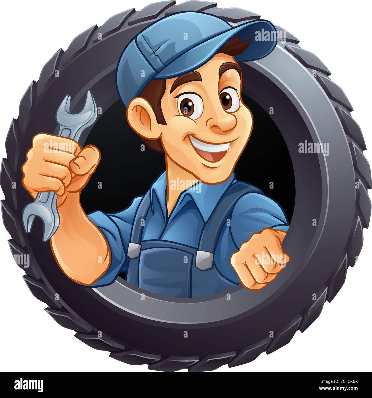 Pneumatico pneumatico meccanico per l'assistenza auto Mascotte Cartoon Man Illustrazione Vettoriale