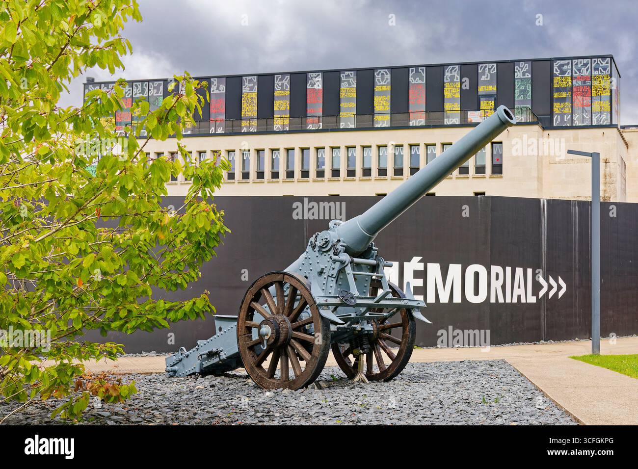 Mostra commemorativa delle armi da campo della prima guerra mondiale all'ingresso del Museo Verdun, Mosa, Francia Foto Stock