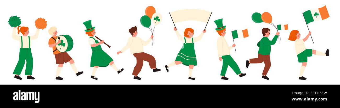 I bambini felici in costumi verdi marciano con bandiere irlandesi, palloncini e striscioni per la sfilata del giorno di San Patrizio, perfetto per i temi della cultura irlandese e irlandese, illustrazione vettoriale isolata Illustrazione Vettoriale