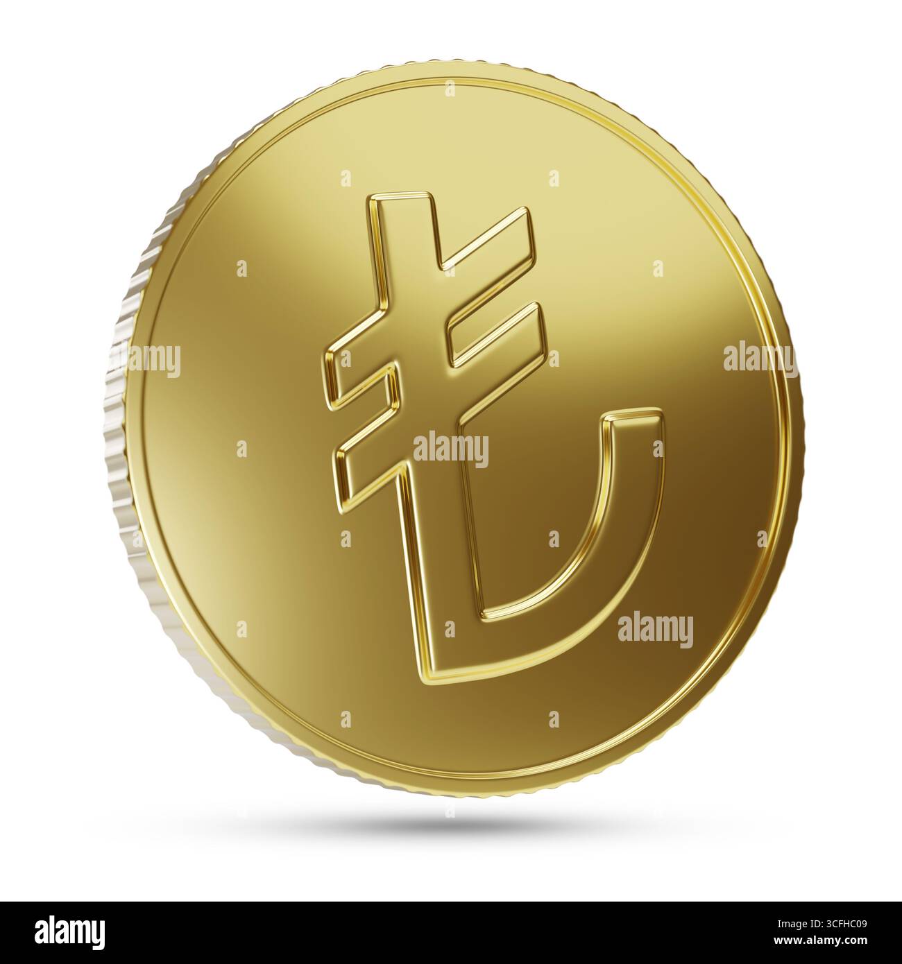 Moneta di lira turca dorata isolata su sfondo bianco. Illustrazione 3D. Foto Stock