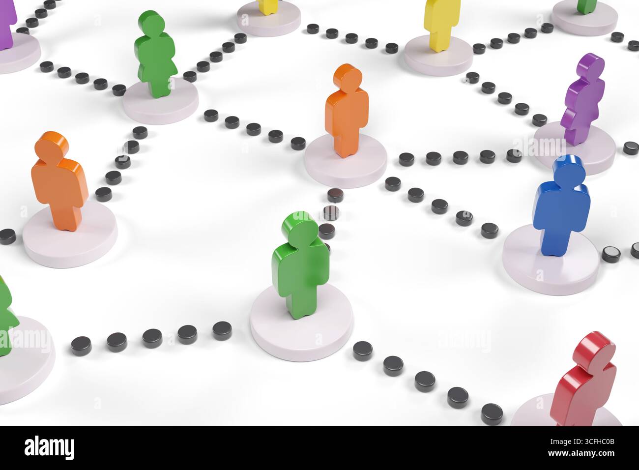 Statuette in legno su cerchi interconnessi. Concetto di interrelazioni. illustrazione 3d. Foto Stock