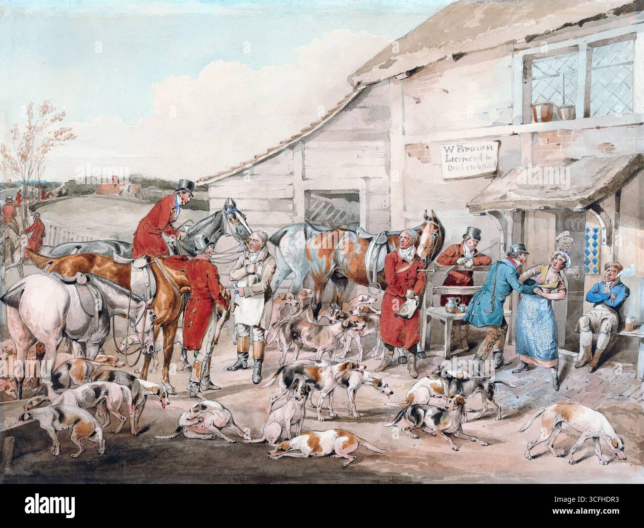 Un dipinto ad acquerello del 19° secolo di Fox Hunting the Rerinrinrinfreschi Henry Thomas Alken prospettiva storica della vita di campagna inglese, opere d'arte ad acquerello, Foto Stock