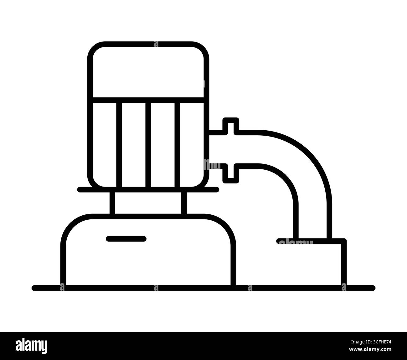 Questa illustrazione presenta un semplice profilo di una pompa industriale collegata a un tubo, che simboleggia i processi tecnologici in vari settori. Illustrazione Vettoriale