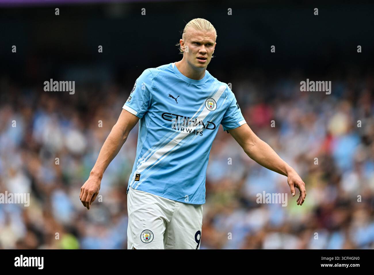 Etihad Stadium, Manchester, Regno Unito. 23 agosto 2025. Premier League Football, Manchester City contro Tottenham Hotspur; Erling Haaland di Manchester City crediti: Action Plus Sports/Alamy Live News Foto Stock
