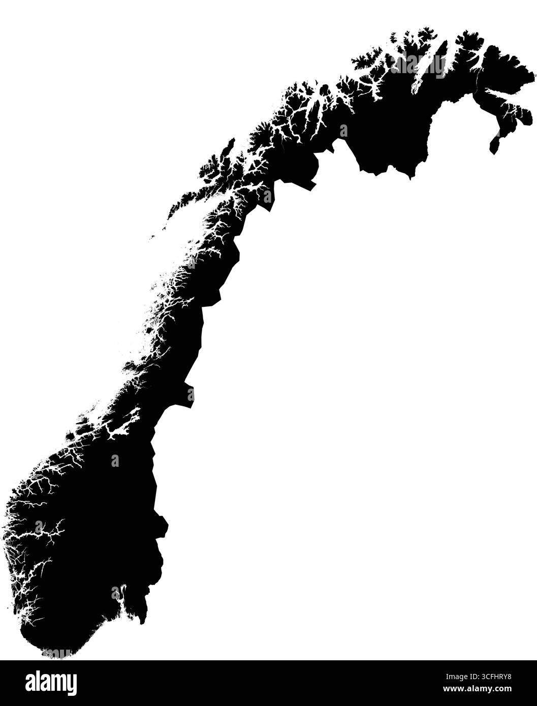 Mappa vettoriale nera modificabile della silhouette della Norvegia, che mostra la sua forma lunga e stretta con una costa occidentale frastagliata, intricati da numerosi fiordi. Illustrazione Vettoriale
